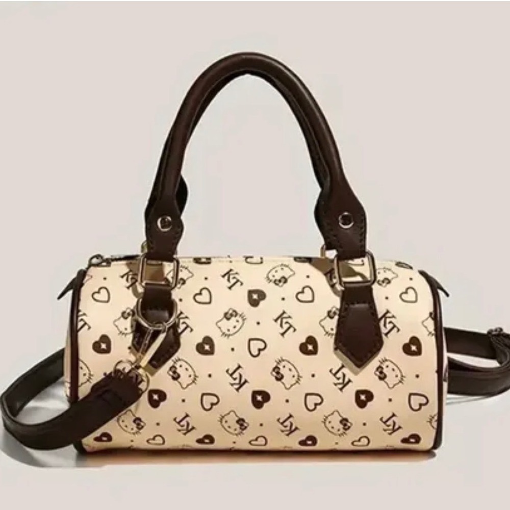 Vintage Y2K Hello Kitty Monogram Satchel Bag Brown Heart Print Barrel Handbag
